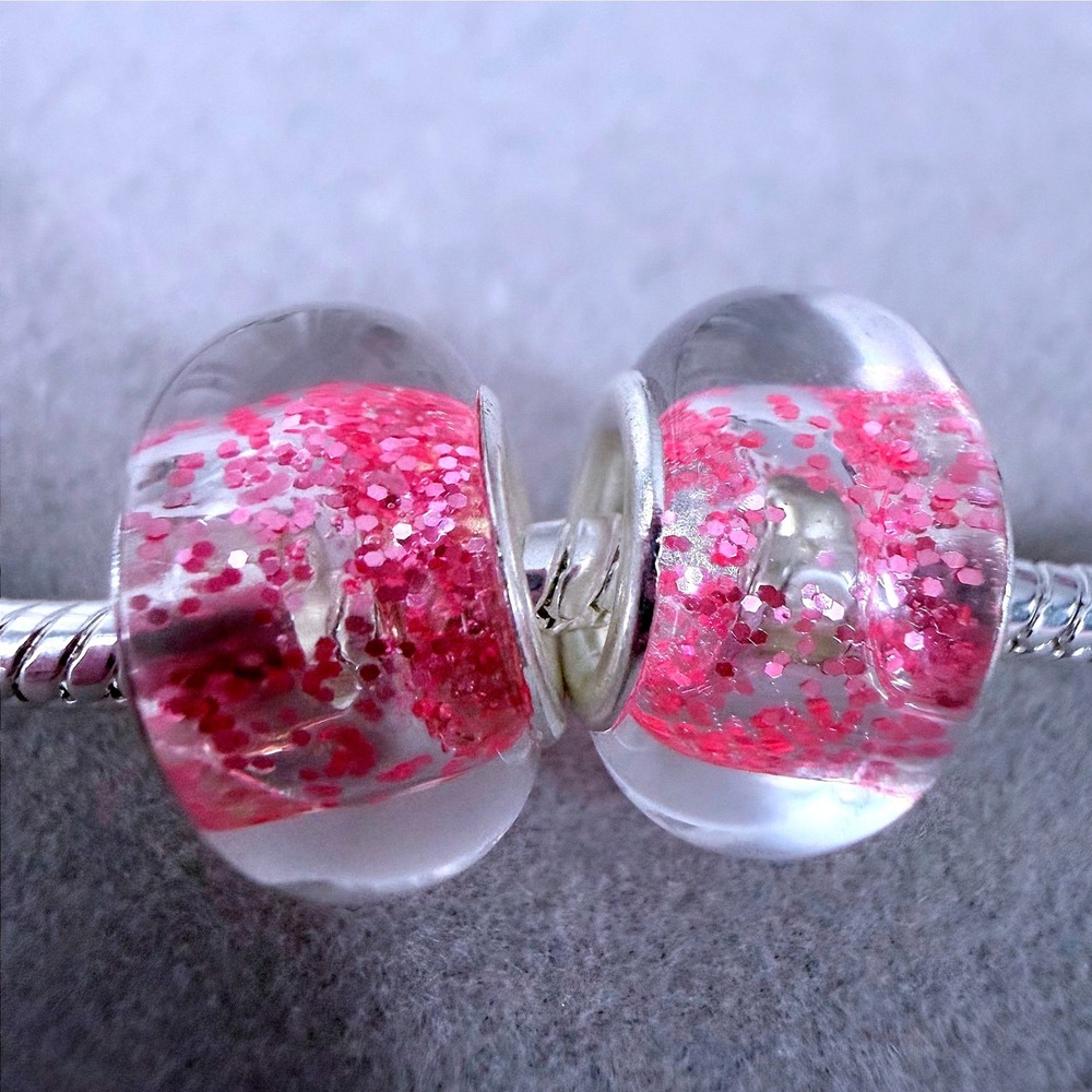2PC Pink Glitter Murano Glass Beads fits PANDORA Bracelet Charms Silver Core